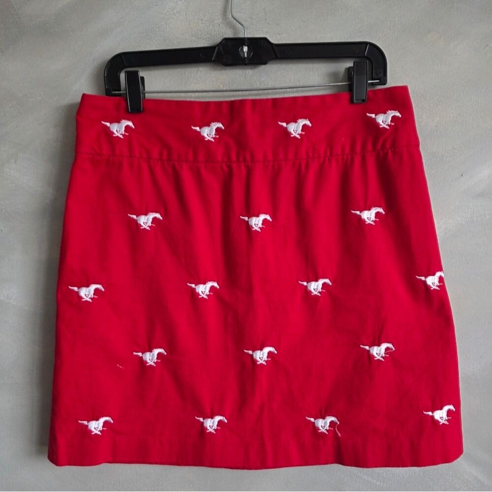 Pennington of Bailes Red Knee Length Skirt White Horse Embroidered Sz 8 Cotton